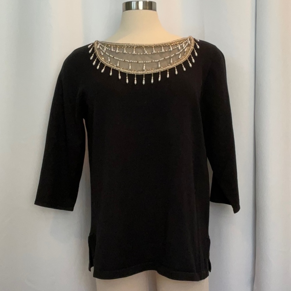 NWT Bob Mackie Wearable Art Pearl Gold Bead Black 3/4 Sleeve Sweater Women Sz L